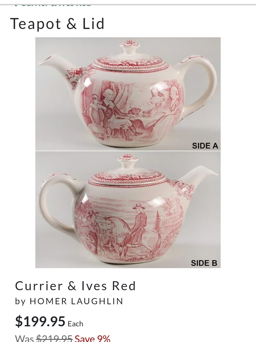 Homer Laughlin Currier & Ives Red and White Transferware Teapot